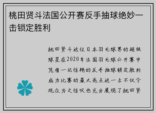 桃田贤斗法国公开赛反手抽球绝妙一击锁定胜利